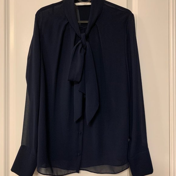 Zara Trafaluc Navy Blue Tie-Neck Sheer Button-up Long-Sleeve Blouse (US Size L) - Picture 1 of 9